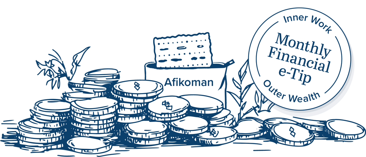 Illustrated stack of coins surrounding an afikomen bag with weeds sprouting up throughout, next to financial e-tip badge.